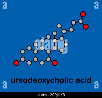 Ursodiol (acide ursodésoxycholique, UDCA) molécule de traitement de la pierre gallique. Formule squelettique stylisée (structure chimique). Les atomes sont affichés sous forme de code couleur Banque D'Images