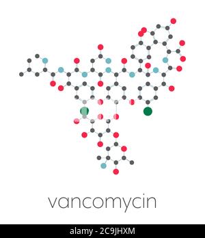 Molécule d'antibiotique de vancomycine (classe des glycopeptides). Formule squelettique stylisée (structure chimique). Les atomes sont représentés par des cercles de couleur conne Banque D'Images