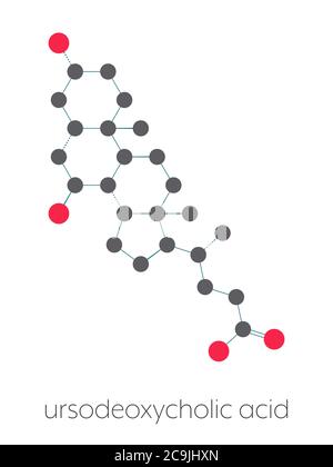 Ursodiol (acide ursodésoxycholique, UDCA) molécule de traitement de la pierre gallique. Formule squelettique stylisée (structure chimique). Les atomes sont affichés sous forme de code couleur Banque D'Images