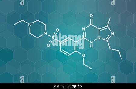 Molécule de médicament anticoagulant de warfarine. Utilisé dans la prévention de la thrombose et de la thromboembolie. Formule blanche du squelette sur fond de gradient sarcelle foncé avec Banque D'Images