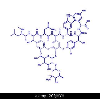 Molécule d'antibiotique de vancomycine (classe des glycopeptides). Formule squelettique bleue sur fond blanc. Banque D'Images