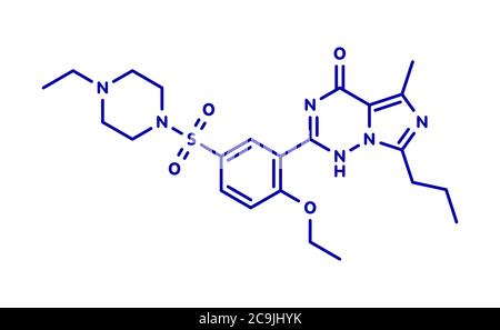 Molécule de médicament anticoagulant de warfarine. Utilisé dans la prévention de la thrombose et de la thromboembolie. Formule squelettique bleue sur fond blanc. Banque D'Images