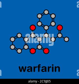 Molécule de médicament anticoagulant de warfarine. Utilisé dans la prévention de la thrombose et de la thromboembolie. Formule squelettique stylisée (structure chimique). Les atomes sont sho Banque D'Images