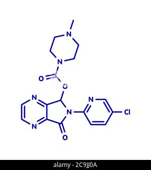 Molécule de médicament contre l'insomnie zopiclone (pilule du sommeil, médicament z). Formule squelettique bleue sur fond blanc. Banque D'Images