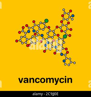 Molécule d'antibiotique de vancomycine (classe des glycopeptides). Formule squelettique stylisée (structure chimique). Les atomes sont représentés par des cercles de couleur avec Banque D'Images