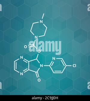 Molécule de médicament contre l'insomnie zopiclone (pilule du sommeil, médicament z). Formule blanche du squelette sur fond de gradient sarcelle foncé avec motif hexagonal. Banque D'Images