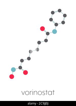 Molécule médicamenteuse de lymphome T cutané vorinostat. Agit comme inhibiteur de l'histone désacétylase. Formule squelettique stylisée (structure chimique). Les atomes sont s. Banque D'Images
