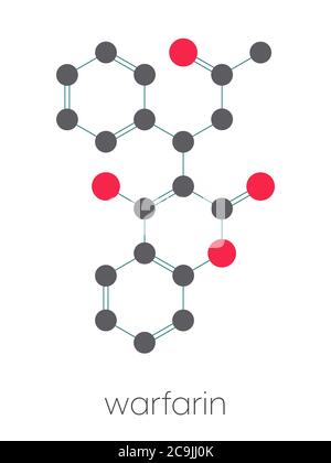 Molécule de médicament anticoagulant de warfarine. Utilisé dans la prévention de la thrombose et de la thromboembolie. Formule squelettique stylisée (structure chimique). Les atomes sont sho Banque D'Images