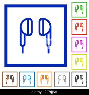 Icônes de couleur plate des écouteurs dans des cadres carrés sur fond blanc Illustration de Vecteur