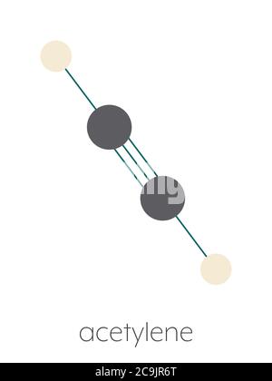 Molécule d'acétylène (éthyne). Utilisé dans le soudage à l'oxy-acétylène. Formule squelettique stylisée (structure chimique). Les atomes sont représentés par des cercles de couleur con Banque D'Images
