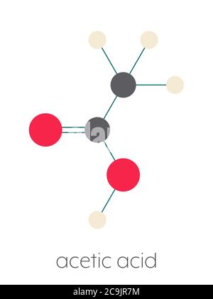 Molécule d'acide acétique. Le vinaigre est une solution aqueuse d'acide acétique. Formule squelettique stylisée (structure chimique). Les atomes sont représentés par un code de couleur ci Banque D'Images