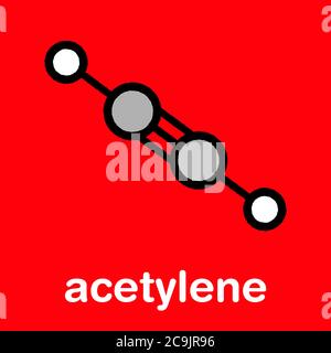 Molécule d'acétylène (éthyne). Utilisé dans le soudage à l'oxy-acétylène. Formule squelettique stylisée (structure chimique). Les atomes sont représentés sous forme de cercles avec code couleur Banque D'Images