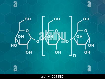 Polymère polysaccharidique amylose, structure chimique. Composant de l'amidon (en plus de l'amylopectine). Formule blanche du squelette sur le bac gradient sarcelle foncé Banque D'Images