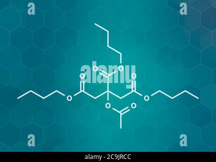 Molécule de plastifiant du citrate tributyle d'acétyl (ATBC). Alternative biodégradable aux plastifiants à base de phtalate. Formule squelettique blanche sur gradient sarcelle foncé Banque D'Images