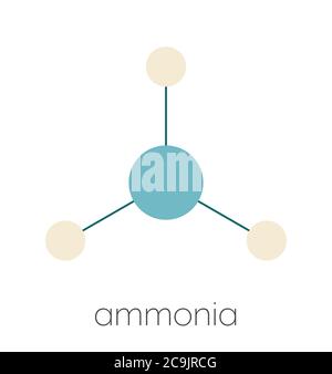 Molécule d'ammoniac (NH3). Formule squelettique stylisée (structure chimique) : les atomes sont représentés par des cercles de couleur reliés par des liaisons minces, sur un bac blanc Banque D'Images