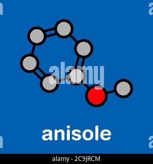 Molécule chimique anisole. Utilisé dans les parfums et comme précurseur chimique. Formule squelettique stylisée (structure chimique). Les atomes sont affichés sous forme de code couleur Banque D'Images