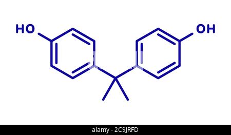 Molécule de polluant plastique bisphénol A (BPA). Produit chimique souvent présent dans les plastiques de polycarbonate, a des effets perturbateurs d'oestrogène. Formule bleue pour le squelette Banque D'Images