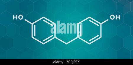 Molécule de bisphénol F (BPF). Alternative au bisphénol A (BPA). Formule blanche du squelette sur fond de gradient sarcelle foncé avec motif hexagonal. Banque D'Images