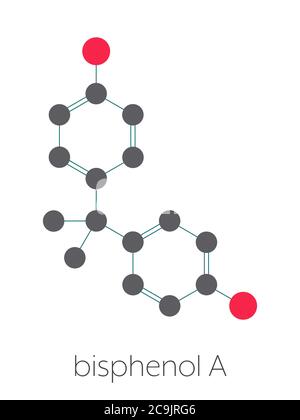 Molécule de polluant plastique bisphénol A (BPA). Produit chimique souvent présent dans les plastiques de polycarbonate, a des effets perturbateurs d'oestrogène. Squelette stylisé pour Banque D'Images