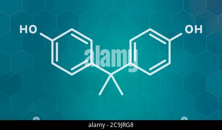 Molécule de polluant plastique bisphénol A (BPA). Produit chimique souvent présent dans les plastiques de polycarbonate, a des effets perturbateurs d'oestrogène. Formul. Squelette blanc Banque D'Images
