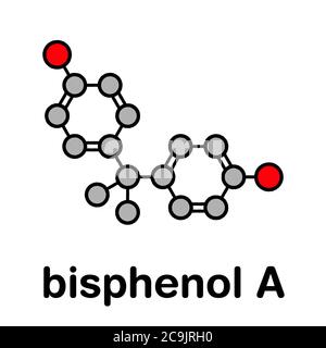 Molécule de polluant plastique bisphénol A (BPA). Produit chimique souvent présent dans les plastiques de polycarbonate, a des effets perturbateurs d'oestrogène. Squelette stylisé pour Banque D'Images