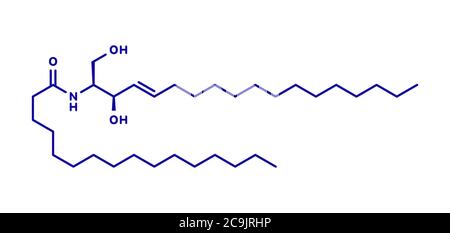 Molécule lipidique de la membrane cellulaire de céramide. Formule squelettique bleue sur fond blanc. Banque D'Images