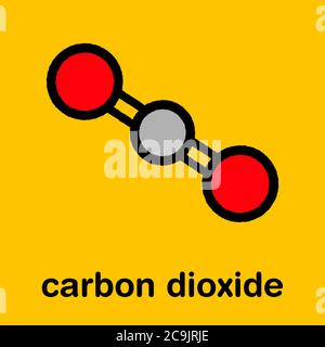 Molécule de dioxyde de carbone (CO2). Gaz à effet de serre. Formule squelettique stylisée (structure chimique). Les atomes sont représentés sous forme de cercles à code couleur avec un noir épais Banque D'Images