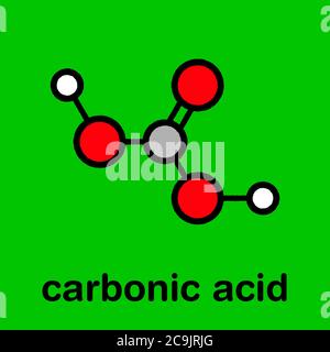 Molécule d'acide carbonique. Se forme lorsque le dioxyde de carbone est dissous dans l'eau (eau gazéifiée). Formule squelettique stylisée (structure chimique). Les atomes le sont Banque D'Images