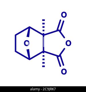 Cantharidine cloque la molécule de coléoptère poison. Sécrété par des coléoptères de boursouflure, de la mouche espagnole, des coléoptères de soldat, etc. Formule squelettique bleue sur fond blanc. Banque D'Images