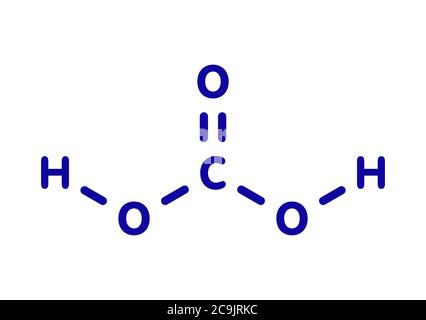 Molécule d'acide carbonique. Se forme lorsque le dioxyde de carbone est dissous dans l'eau (eau gazéifiée). Formule squelettique bleue sur fond blanc. Banque D'Images