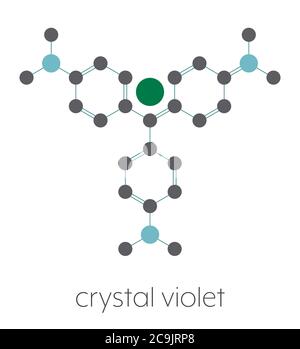 Molécule de violet de cristal (violet de gentiane). Molécule de colorant utilisée dans la coloration de Gram. Formule squelettique stylisée (structure chimique) : les atomes sont représentés en couleur Banque D'Images