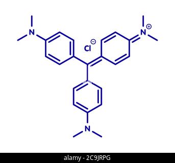 Molécule de violet de cristal (violet de gentiane). Molécule de colorant utilisée dans la coloration de Gram. Formule squelettique bleue sur fond blanc. Banque D'Images