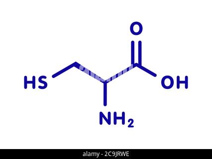 Cystéine (l-cystéine, Cys, C) molécule d'acide aminé. Formule squelettique bleue sur fond blanc. Banque D'Images