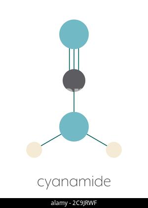 Molécule de cyanamide. Utilisé dans l'agriculture et la synthèse chimique. Formule squelettique stylisée (structure chimique). Les atomes sont représentés par des cercles de couleur Banque D'Images