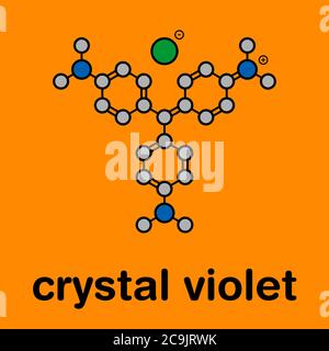 Molécule de violet de cristal (violet de gentiane). Molécule de colorant utilisée dans la coloration de Gram. Formule squelettique stylisée (structure chimique) : les atomes sont représentés en couleur Banque D'Images