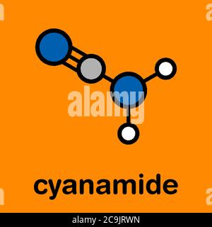 Molécule de cyanamide. Utilisé dans l'agriculture et la synthèse chimique. Formule squelettique stylisée (structure chimique). Les atomes sont représentés par des cercles de couleur Banque D'Images