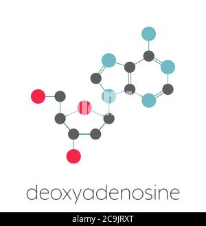 Molécule de nucléoside de désoxyadénosine (da). Bloc de construction d'ADN. Formule squelettique stylisée (structure chimique). Les atomes sont affichés sous forme de cercles de couleur co Banque D'Images