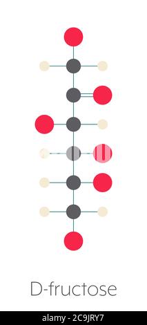 Molécule de sucre de fruit de fructose (D-fructose). Composant du sirop de maïs à haute teneur en fructose (HFCS). Formule squelettique stylisée (structure chimique). Les atomes sont SH Banque D'Images