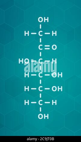 Molécule de sucre de fruit de fructose (D-fructose). Composant du sirop de maïs à haute teneur en fructose (HFCS). Formule blanche du squelette sur fond de gradient sarcelle foncé avec Banque D'Images