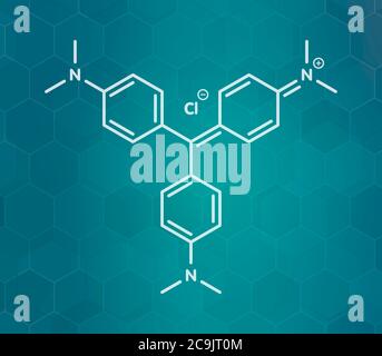 Molécule de violet de cristal (violet de gentiane). Molécule de colorant utilisée dans la coloration de Gram. Formule blanche du squelette sur fond de gradient sarcelle foncé avec p hexagonal Banque D'Images