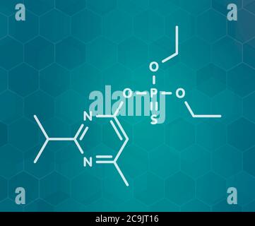 Molécule d'insecticide organophosphate de diazinon (dimpylate). Formule blanche du squelette sur fond de gradient sarcelle foncé avec motif hexagonal. Banque D'Images