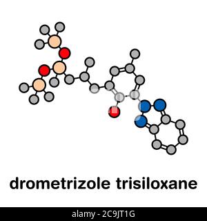 Drometrizole trisiloxane molécule de crème solaire (filtre UV). Formule squelettique stylisée (structure chimique). Les atomes sont représentés par des cercles de couleur avec t Banque D'Images