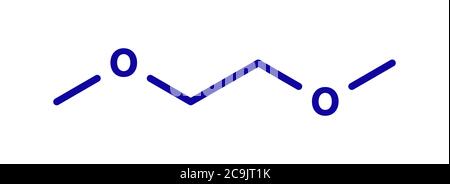 Molécule de solvant chimique de diméthoxyéthane (glyme, DME, diméthylène glycol). Formule squelettique bleue sur fond blanc. Banque D'Images