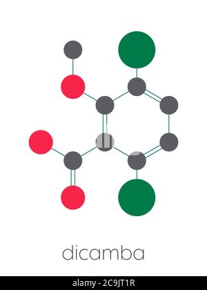 Molécule d'herbicide dicamba. Utilisé dans le désherbage. Formule squelettique stylisée (structure chimique). Les atomes sont affichés sous forme de cercles de couleur reliés par Banque D'Images