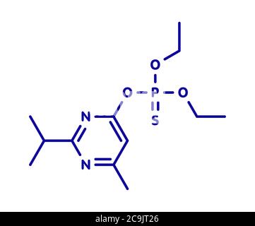 Molécule d'insecticide organophosphate de diazinon (dimpylate). Formule squelettique bleue sur fond blanc. Banque D'Images