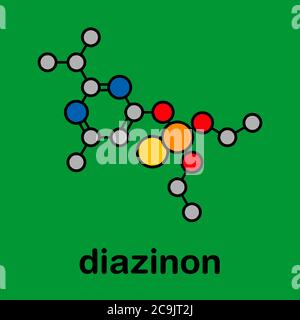 Molécule d'insecticide organophosphate de diazinon (dimpylate). Formule squelettique stylisée (structure chimique). Les atomes sont représentés par des cercles de couleur avec Banque D'Images