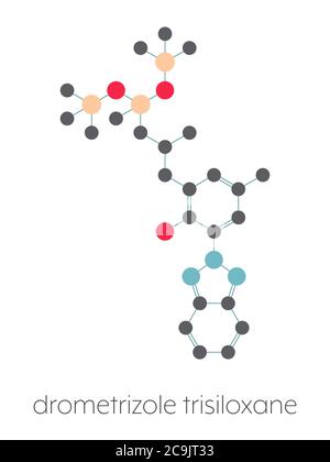 Drometrizole trisiloxane molécule de crème solaire (filtre UV). Formule squelettique stylisée (structure chimique). Les atomes sont représentés par des cercles de couleur Banque D'Images