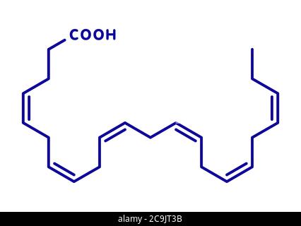 Acide docosahexaénoïque (DHA, acide cervonic) molécule. Les acides gras polyinsaturés oméga-3 présents dans l'huile de poisson. Formule topologique bleu sur fond blanc. Banque D'Images