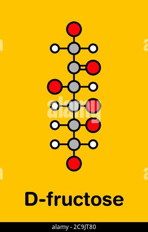 Molécule de sucre de fruit de fructose (D-fructose). Composant du sirop de maïs à haute teneur en fructose (HFCS). Formule squelettique stylisée (structure chimique). Les atomes sont SH Banque D'Images