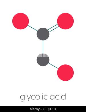 Molécule d'acide glycolique (acide hydroacétique). Formule squelettique stylisée (structure chimique) : les atomes sont représentés sous forme de cercles de couleur reliés par un Bo mince Banque D'Images